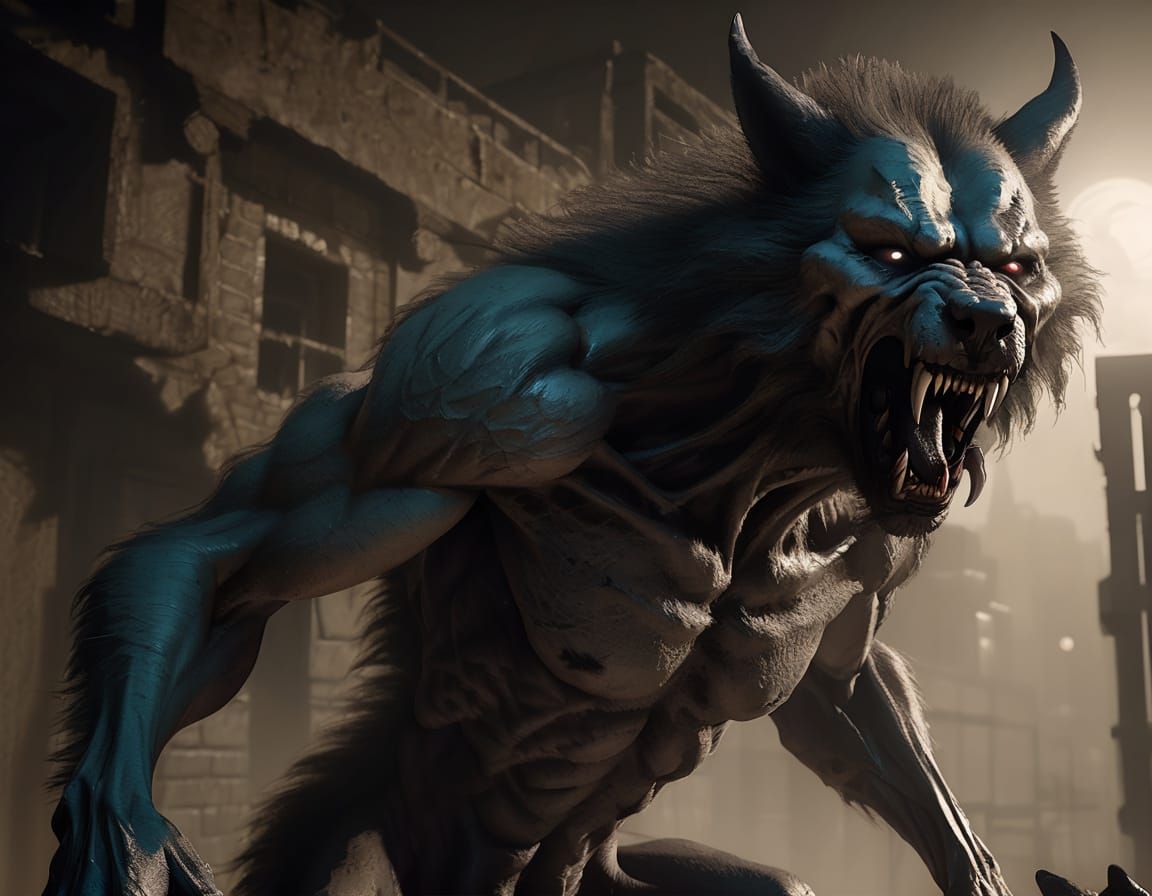 Dark Grey Werewolf Portrait in Horror Style