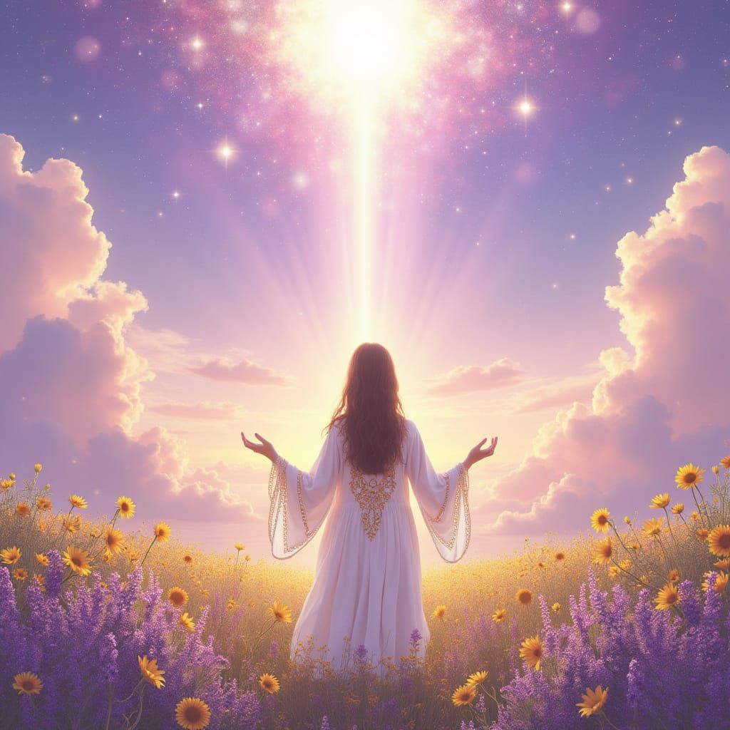 Figure in Field of Flowers Under Lavender Sky