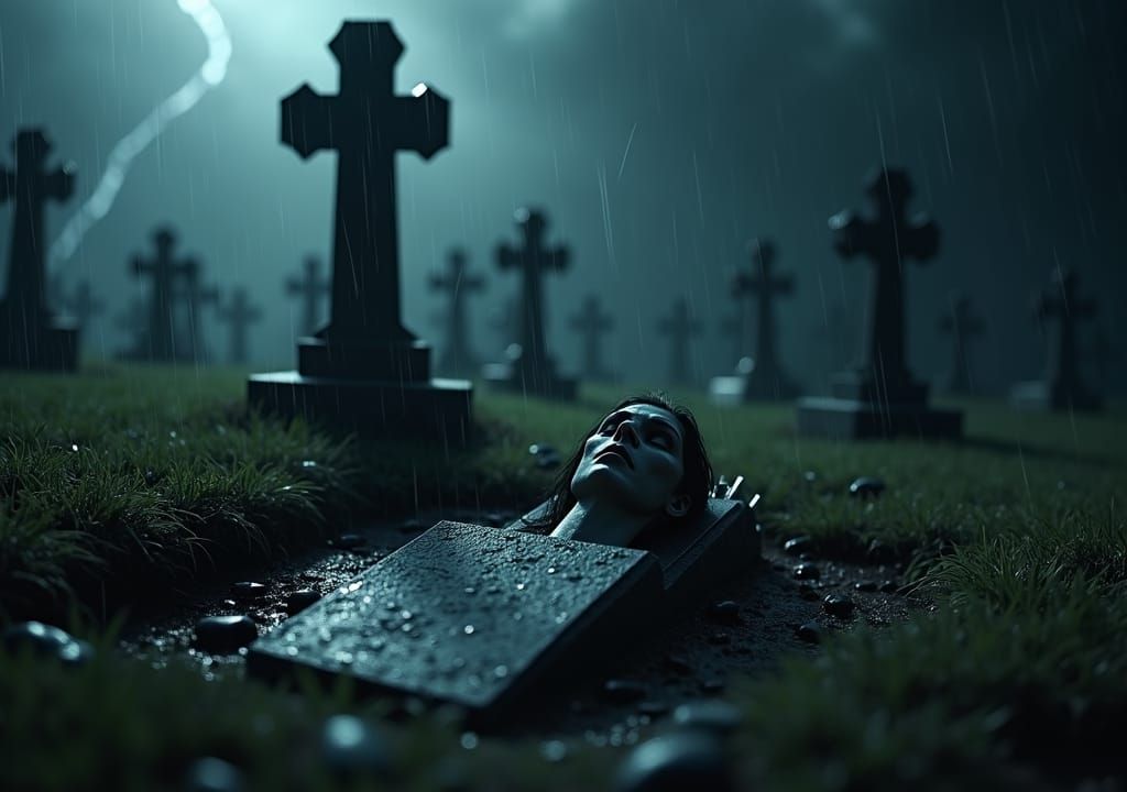 Eerie Graveyard at Night: Pale Figure Emerges