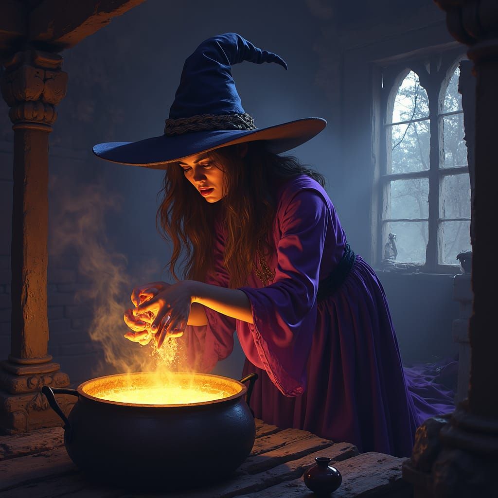 Dark Fantasy Witch Crafting Spell in Cabin