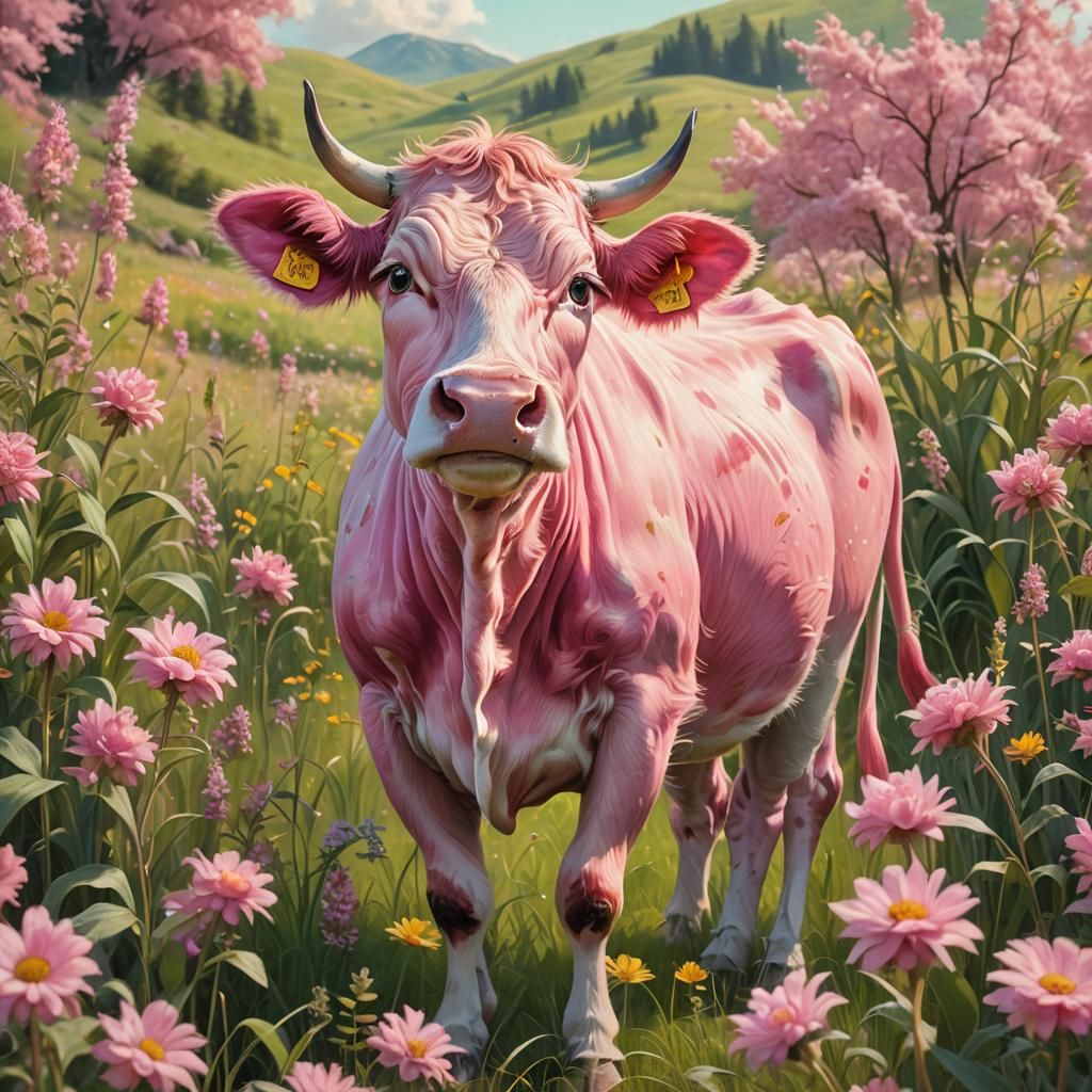 Pink Cow in Lush Meadow: Fantasy Concept Art