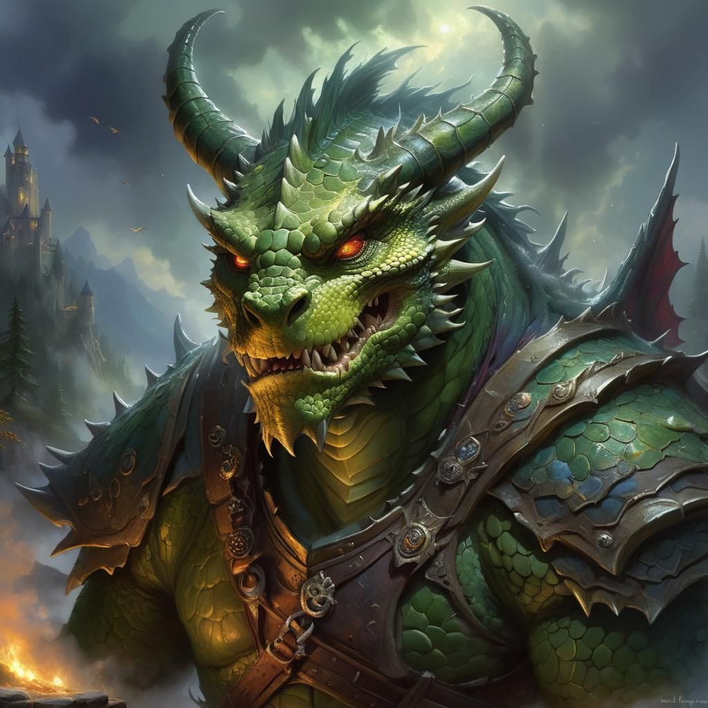 Ethereal Orc Dragon Hybrid in Fantasy Landscape