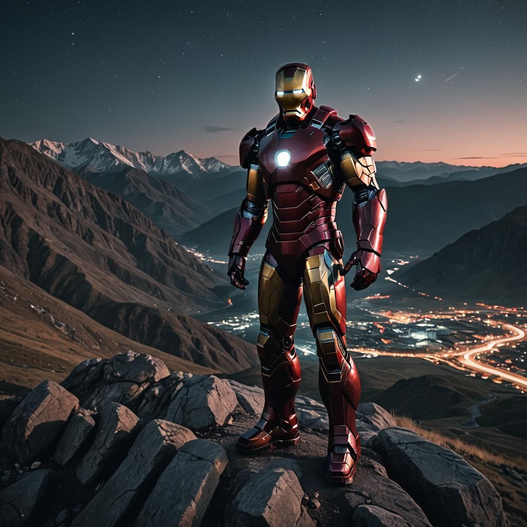 Iron Man in Mountain Range at Night