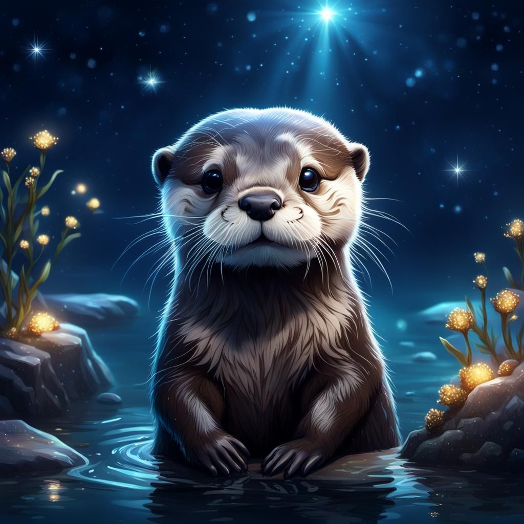 Adorable Otter Gazing at Constellations in Digital Art