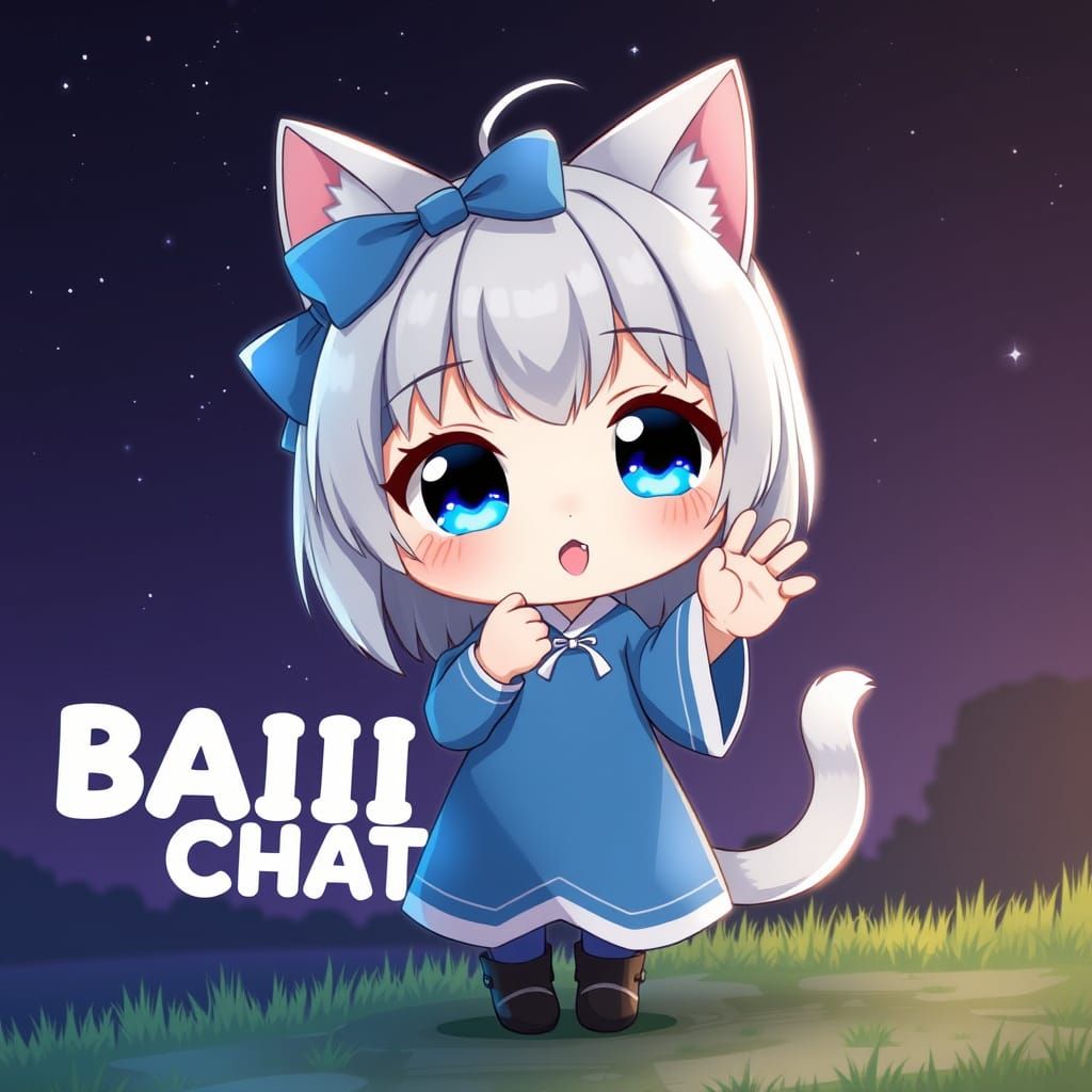 Whimsical Kawaii Catgirl in Blue Dress Under Starry Night Sk...