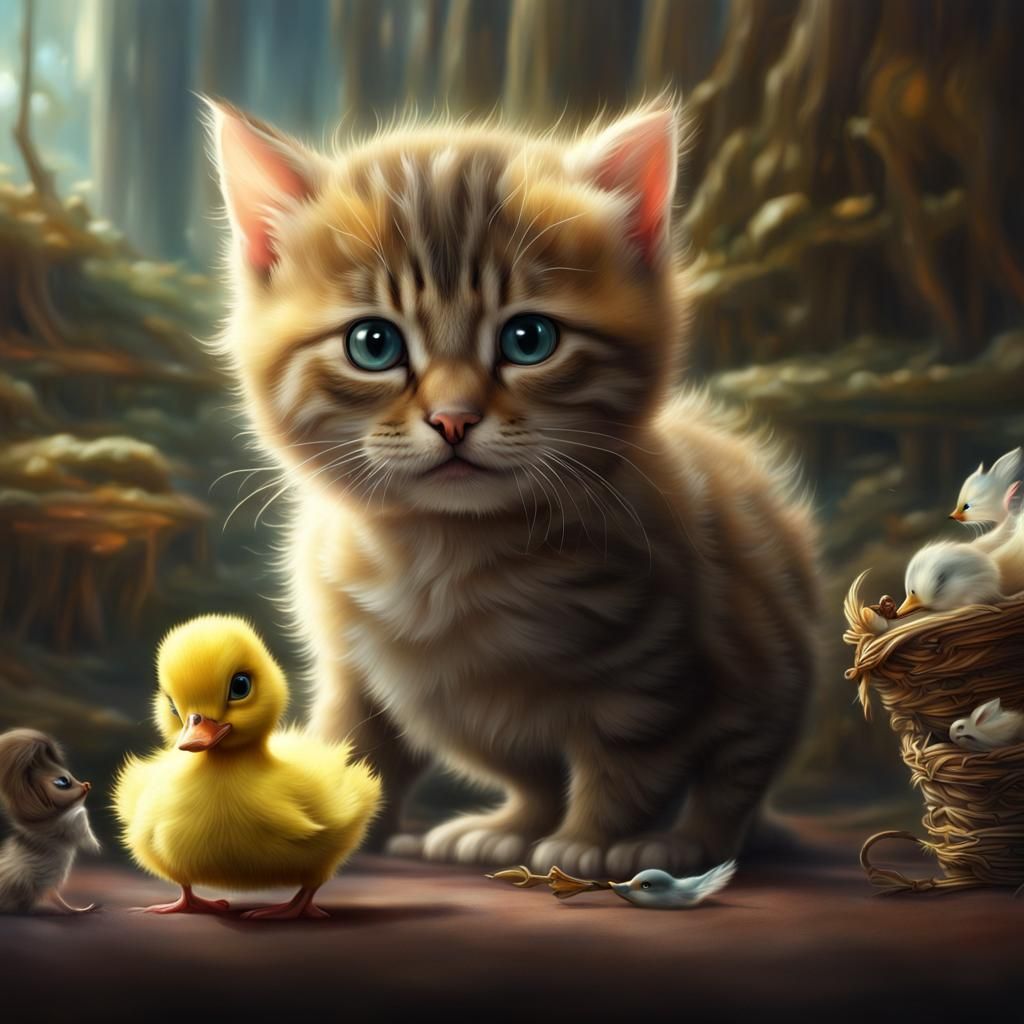 Kitten and Duckling: A Dramatic Digital Painting