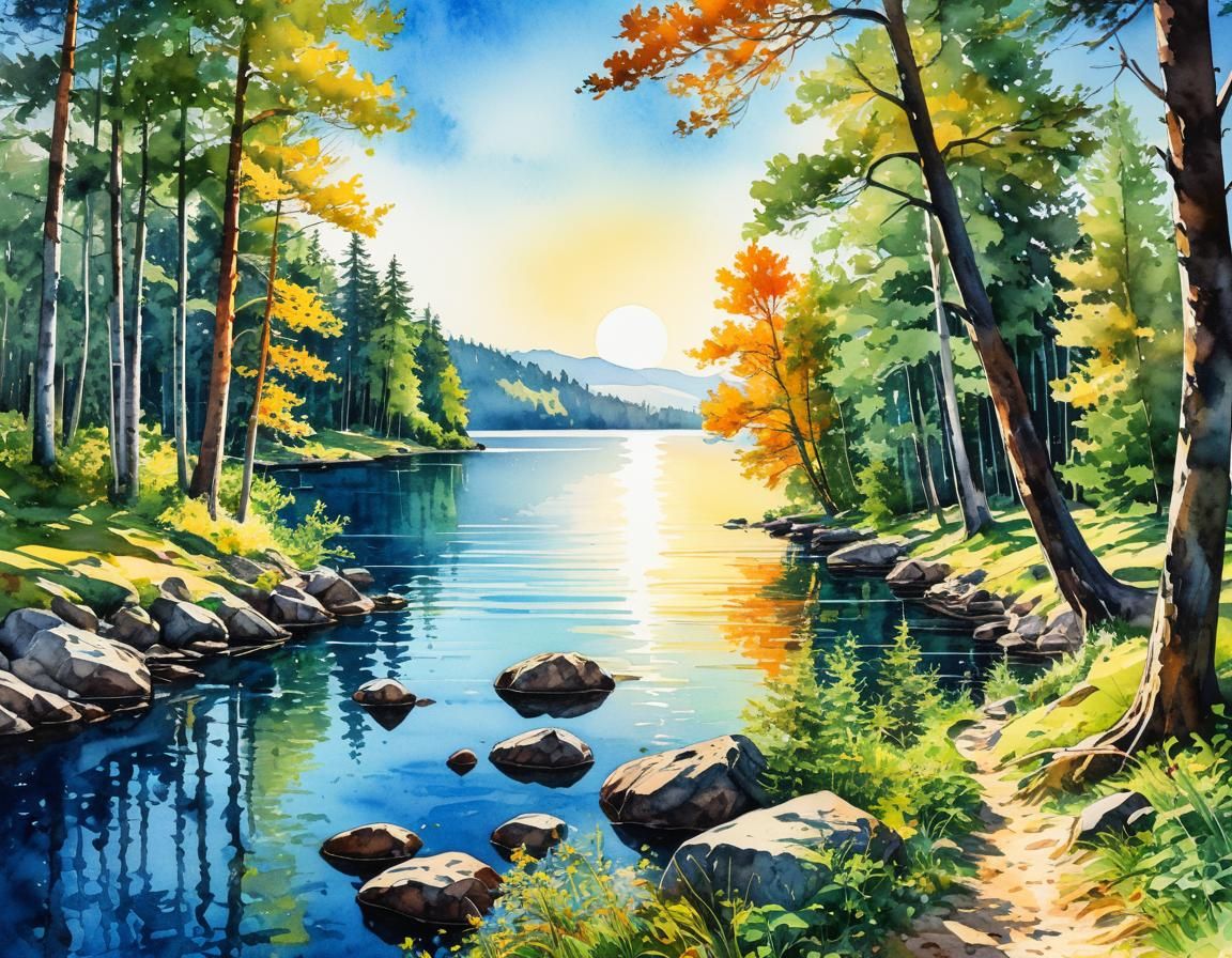 Vibrant Lake and Forest Landscape in Watercolor