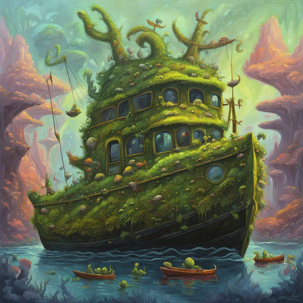 Surreal Oil Painting of a Mossy Boat with Furry Aliens