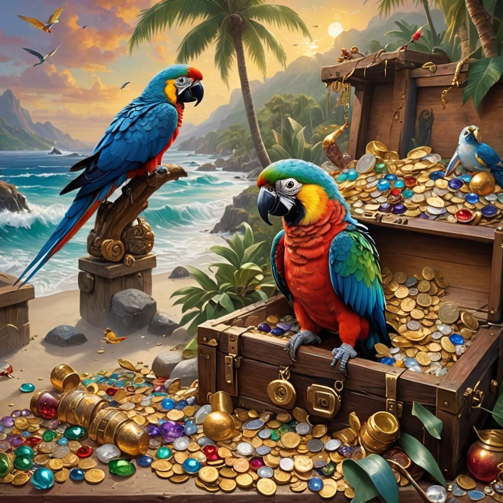 Colorful Parrot Guarding Treasure on Tropical Beach