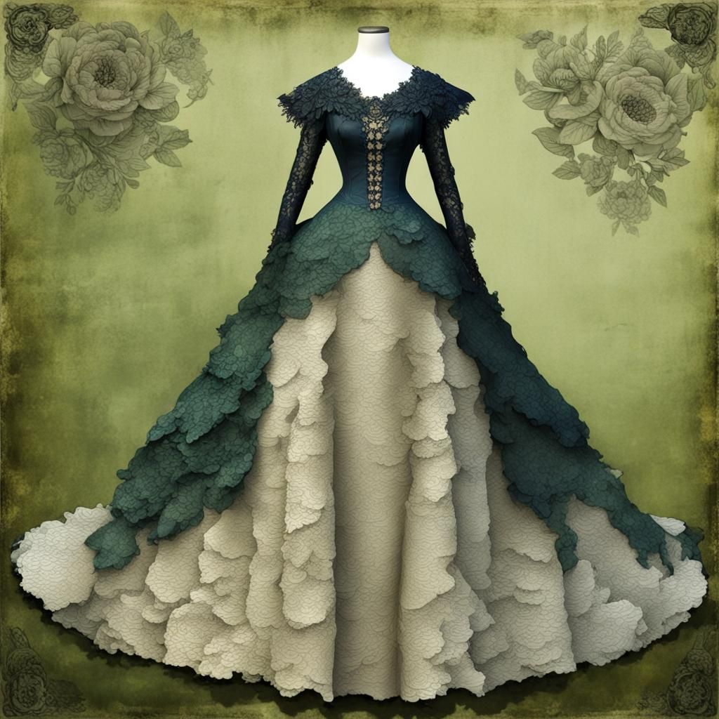 Fine Art Collage :: (Victorian Floral Lace A Line Gown, 1:2) :: (Flared 3d Layered Skirt , 1:3) :: 3d shading :: Dark G...