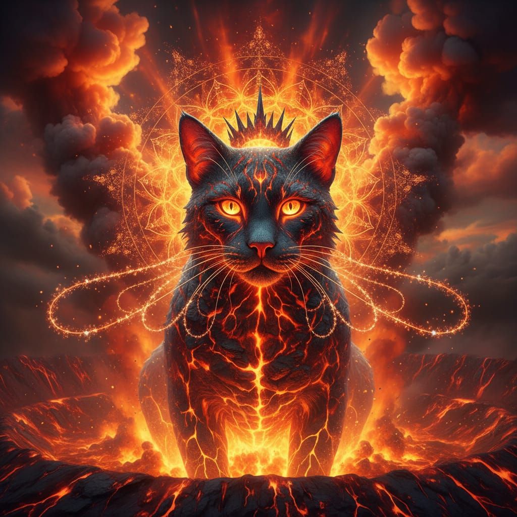 Volcanic Cat Deity Rises From Inferno In Surreal Digital Art