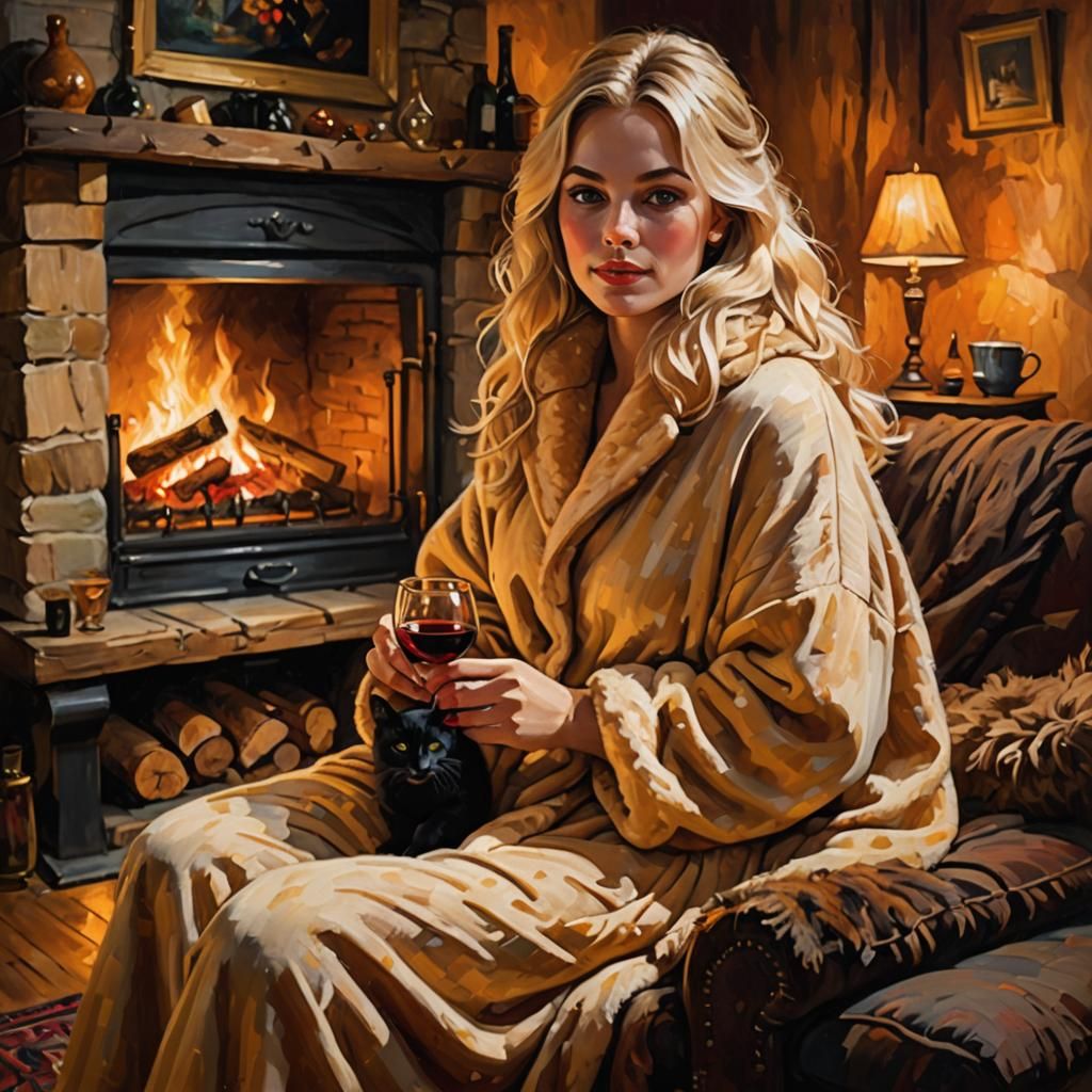 Cozy Evening: Impressionist Woman by Fireplace