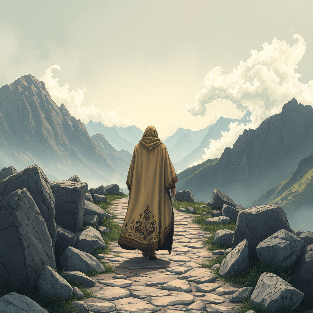 Figure Walking a Cloud Trail in Comic Book Style