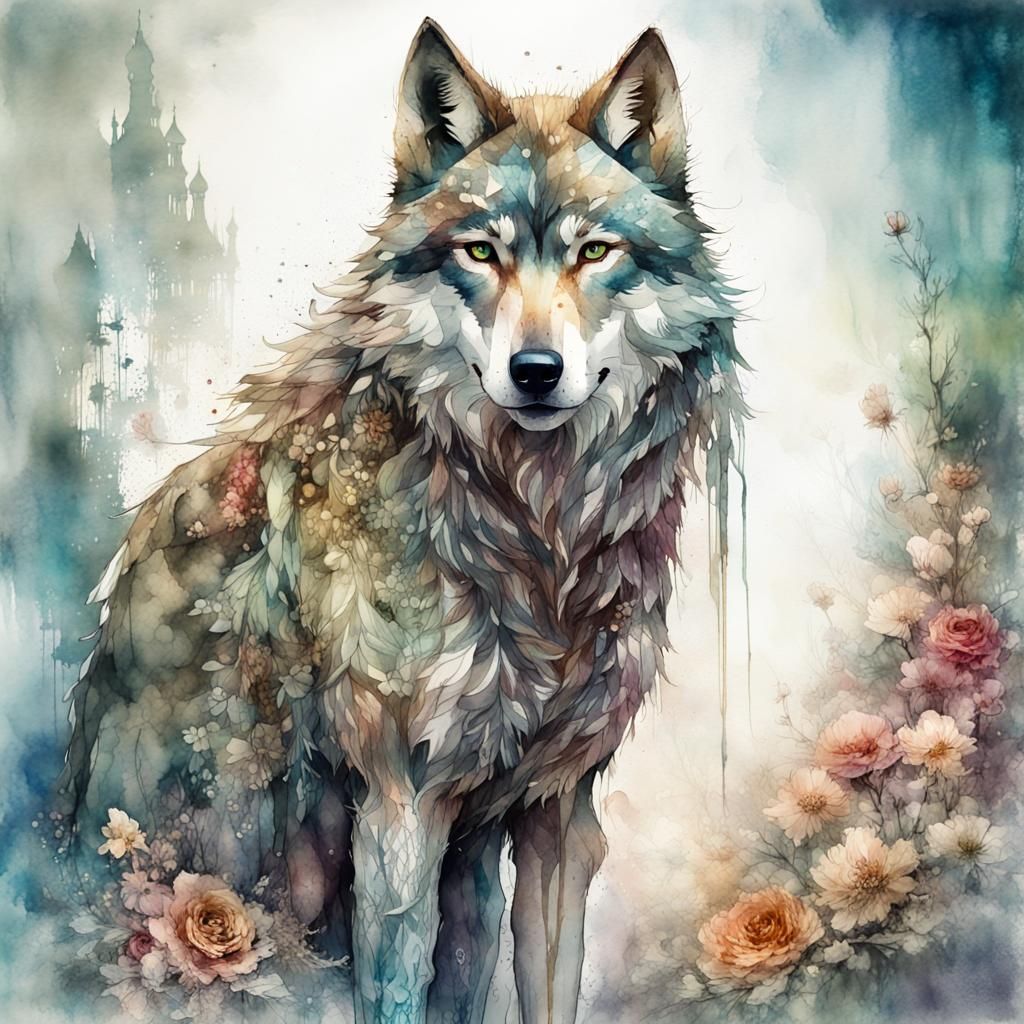 Lone Wolf Fairytale in Watercolor Style
