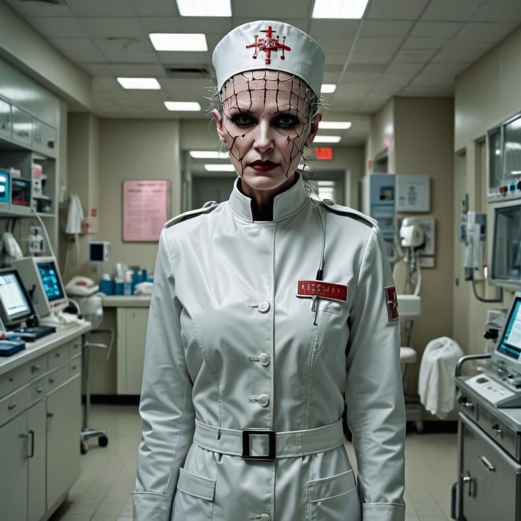 A hyperrealistic full faced Female Pinhead from the "Hellrai...