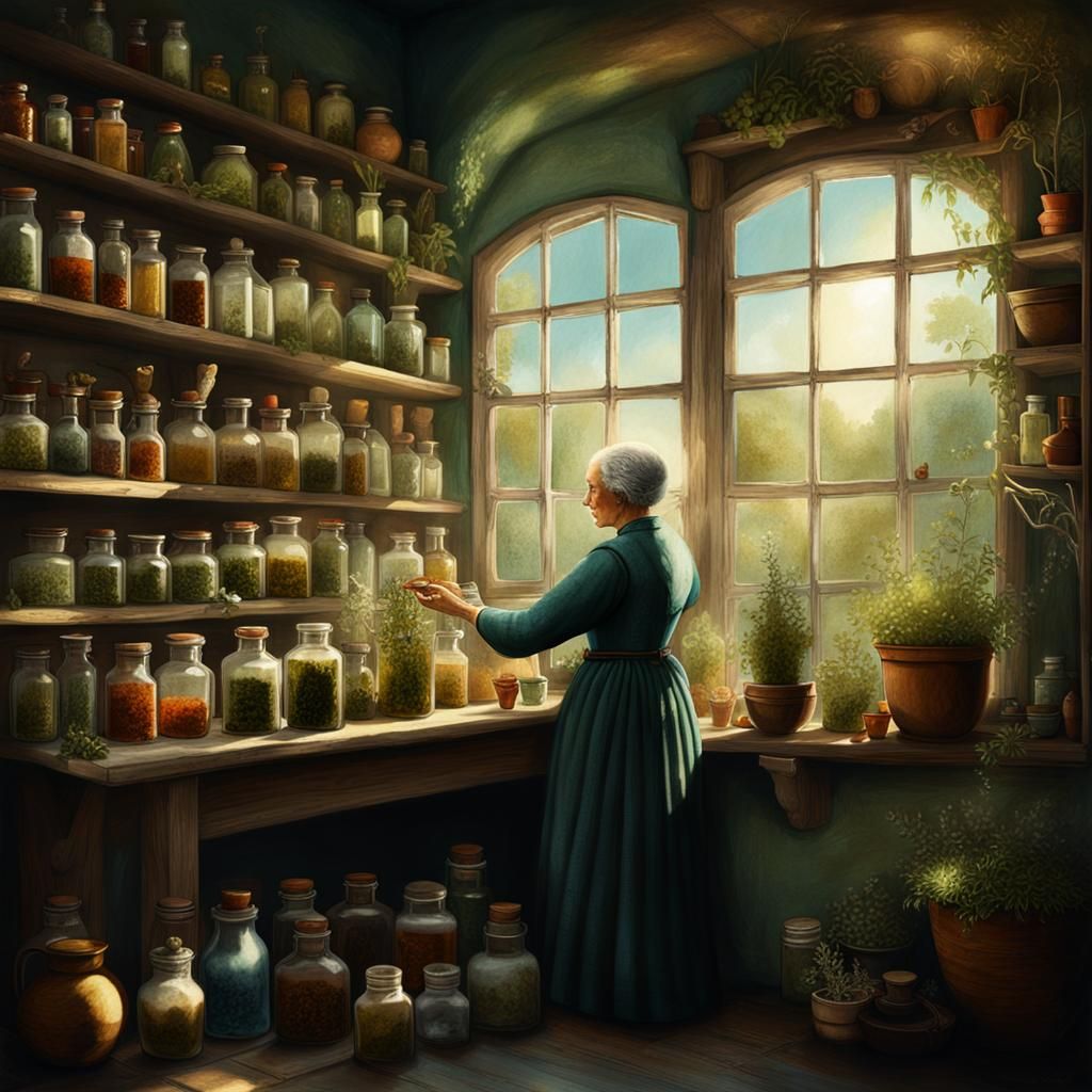 Wise Herbalist in Workshop as Detailed Matte Painting