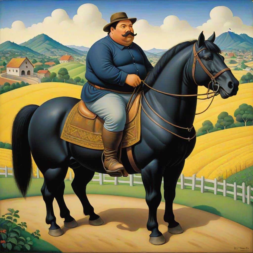 Fat Peasant Rides Fat Horse in Vibrant Colombian Landscape