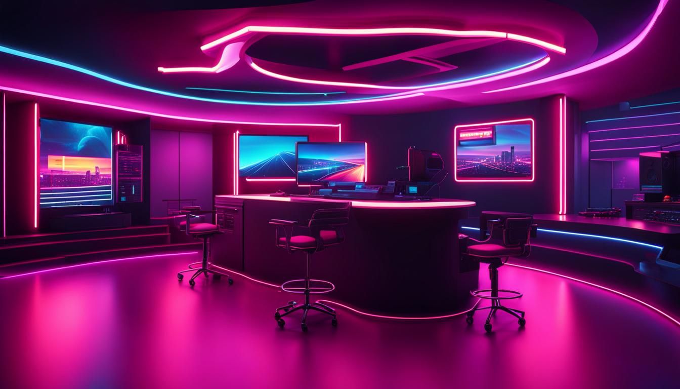 Hyperrealistic Neon News Studio in Synthwave Style