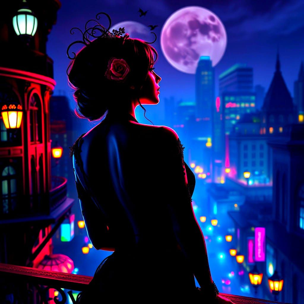 Sensual Gothic Madame in Neon Victorian City