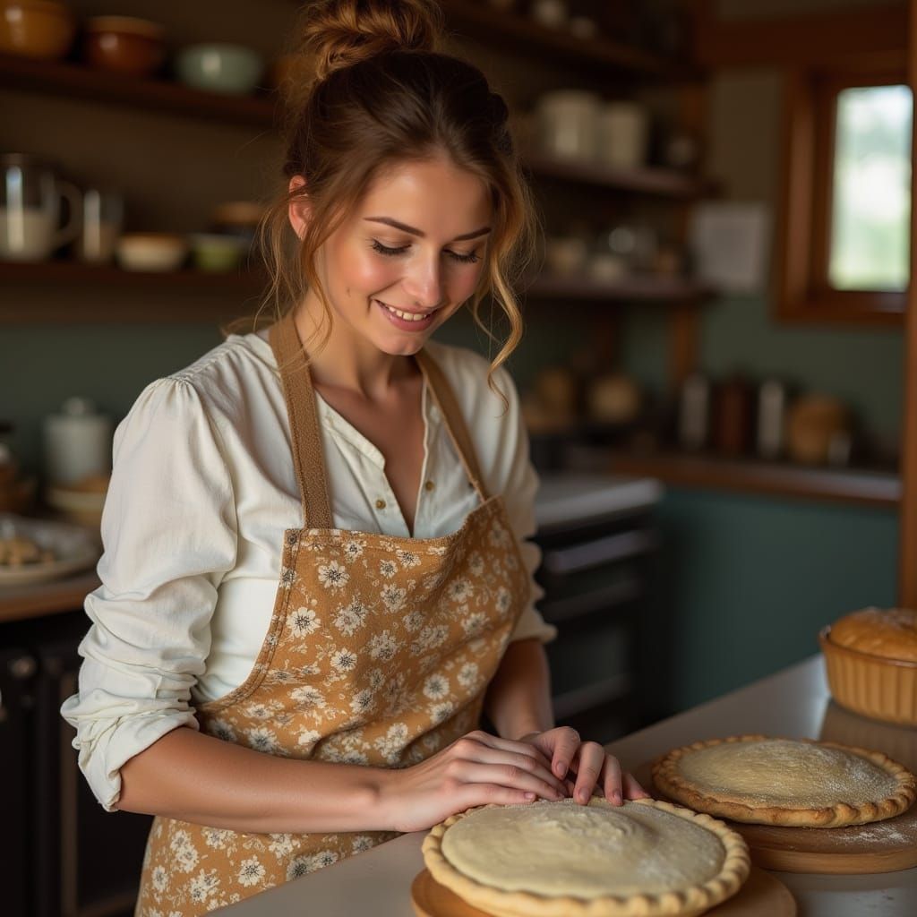 Warm Bakery Scene with Cozy Woman Crafting Pie