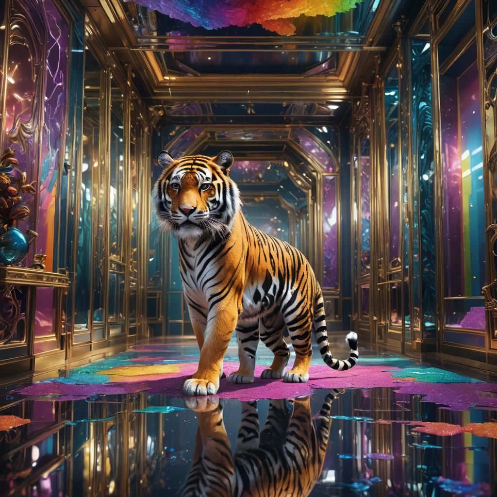 Rainbow Tiger in Mirrored Modern Interior
