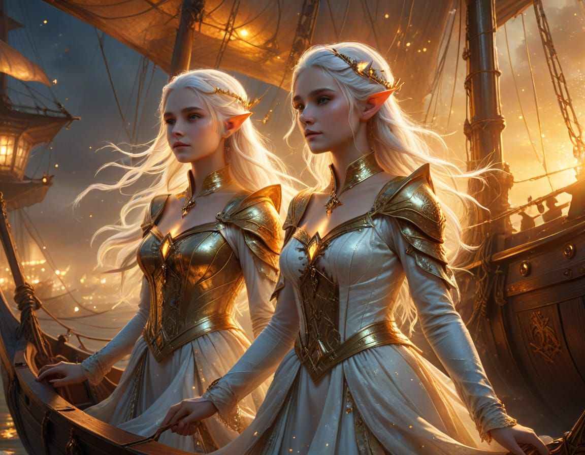 Elves Guide Galleon Through Golden Mist