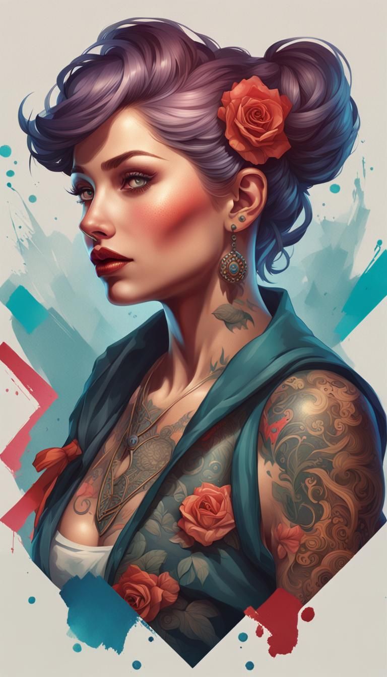 Tattooed Pin-Up Portrait in Art Nouveau Style