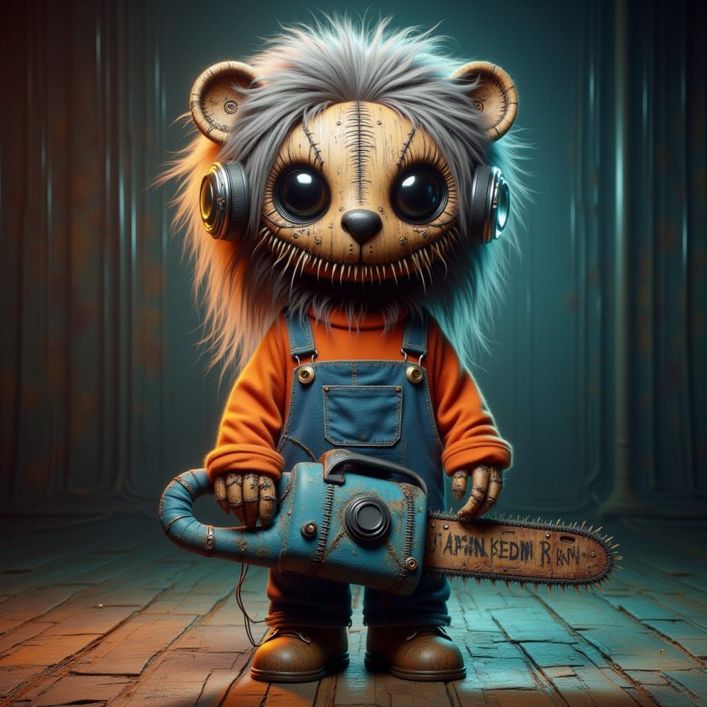 Surreal Creature with Chainsaw in Industrial Setting