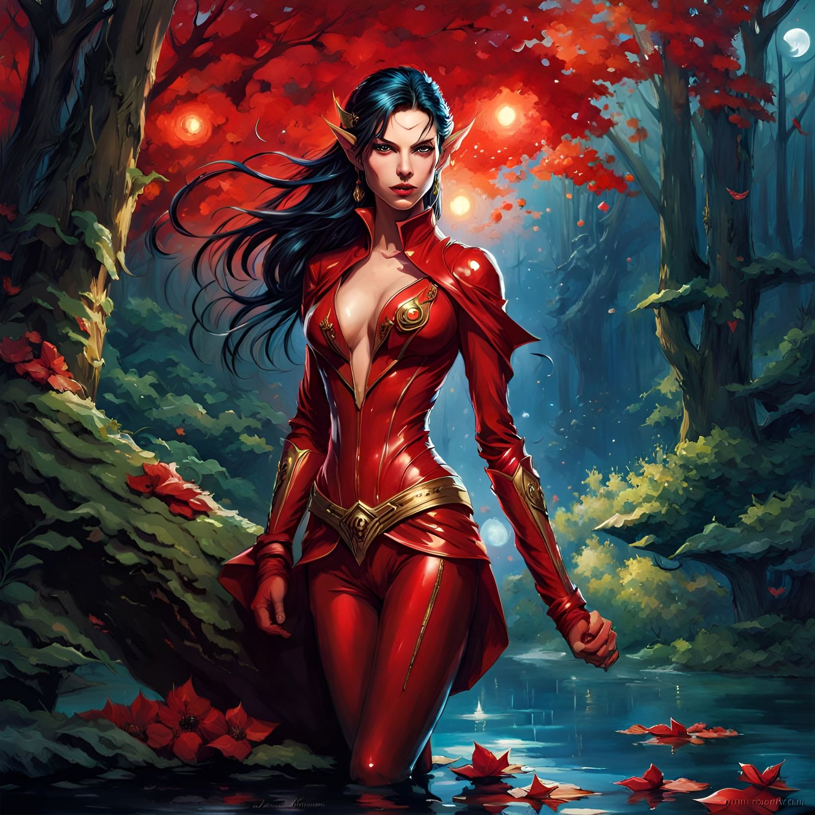 Water Elf Portrait in Forest, Splash Art Style