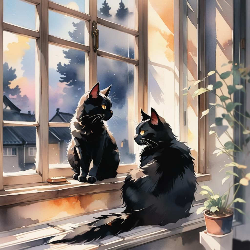 Black Cat on Windowsill in Anime Watercolor Style