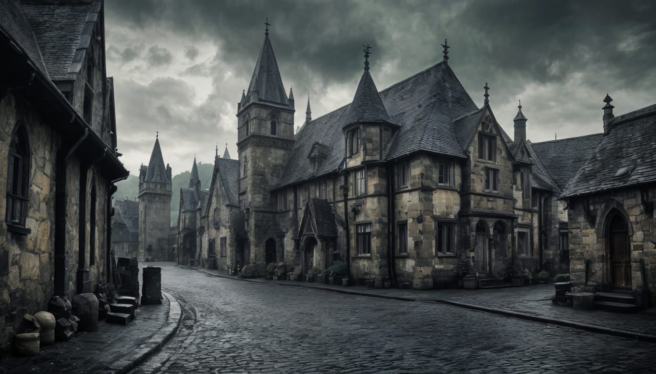 Gothic Medieval Stone Inn in Oil Painting Style