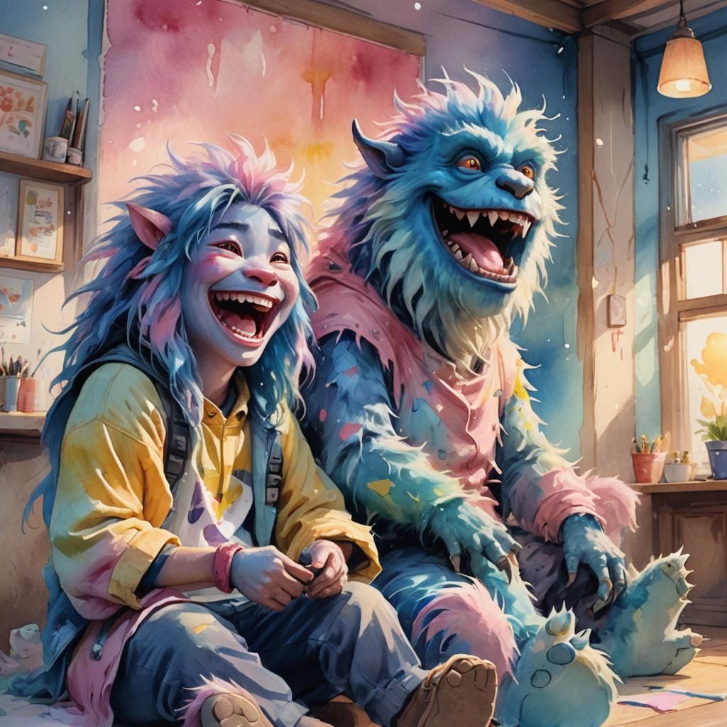 Cute Monster and Person in Watercolor Concept Art