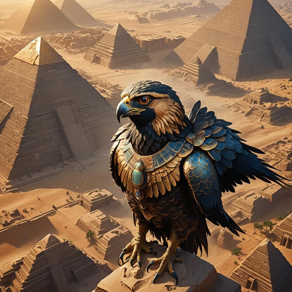 Horus the Falcon God Soaring Over Pyramids