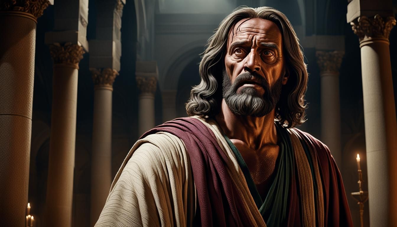 Judas Iscariot in Biblical Temple: Hyperrealistic 8K