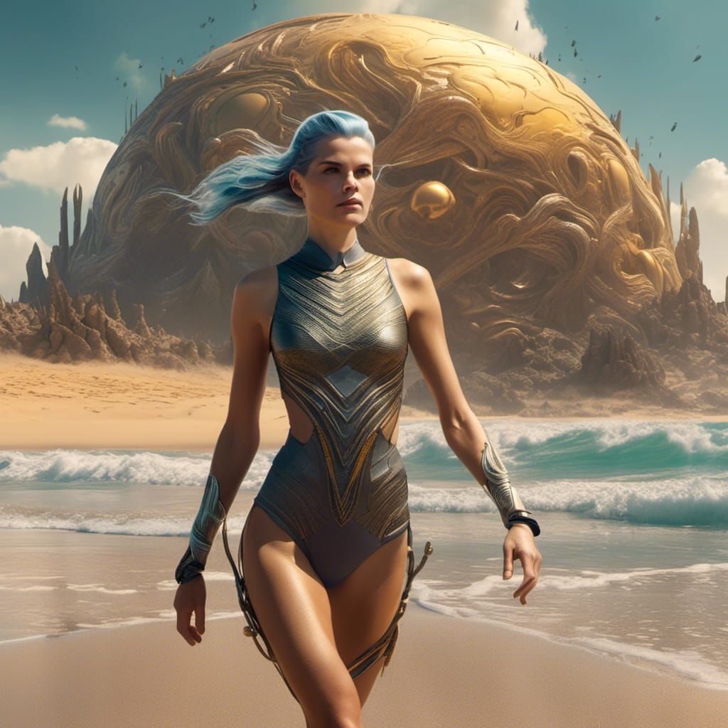 Sci-Fi Swimmer on Alien Beach: Hyperreal Artwork