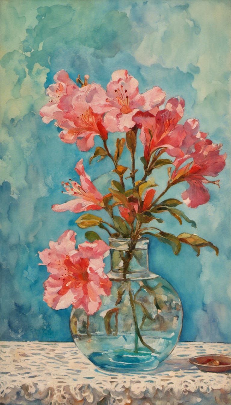 A Single Stem of Azalea Flowers, Glass Bud Vase Half filled ...