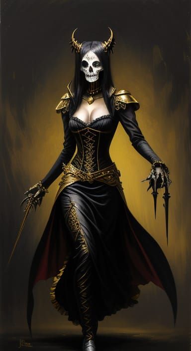 Victorian Vampire Assassin in Gold Dress with Skull Mask