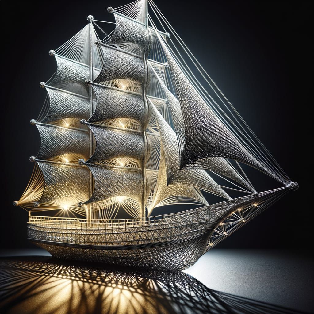 Metallic String Art Sailboat on Black Velvet