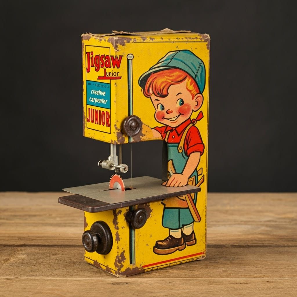 Nostalgic Vintage Toy Bandsaw Packaging in Retro Style