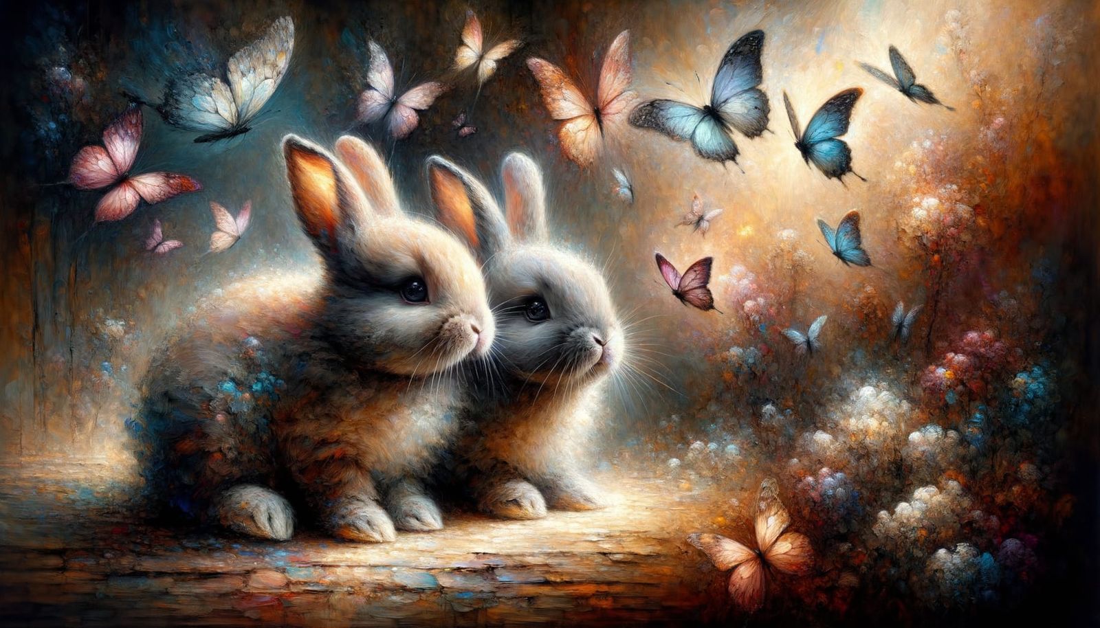 Ethereal Bunnies Amidst Butterflies in Impressionist Style