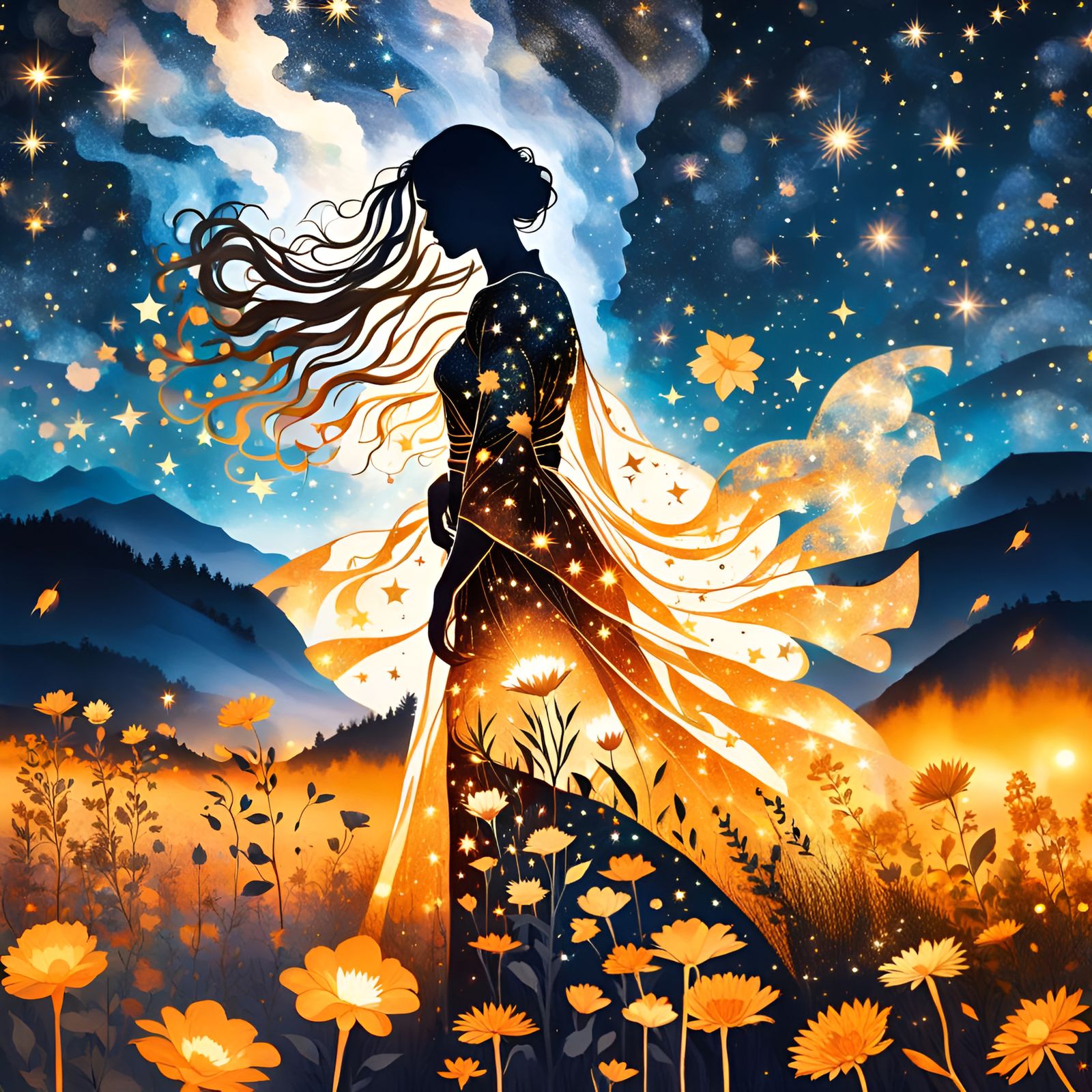 Golden Woman Silhouette Under Starry Sky
