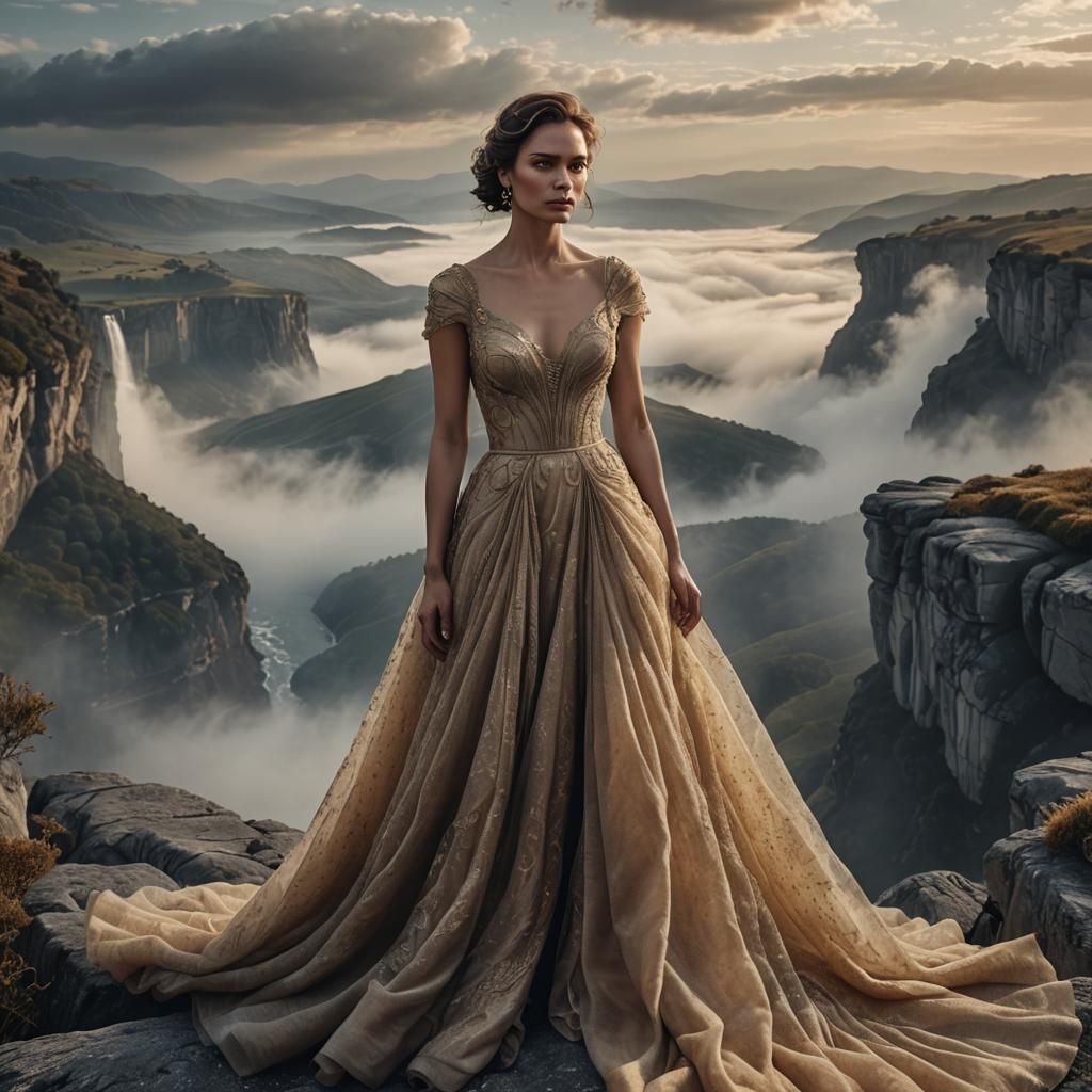 Woman on Misty Cliffside in Cinematic Portrait