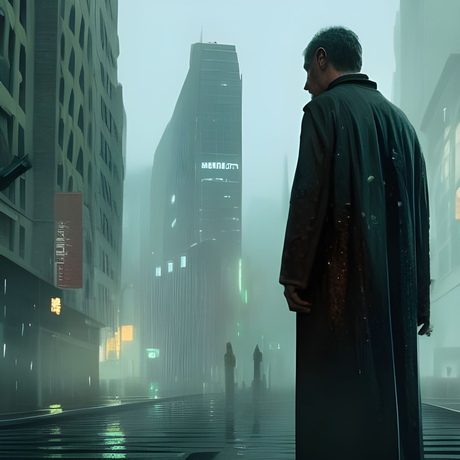 Rick Deckard in Anime-Style Cyberpunk Cityscape