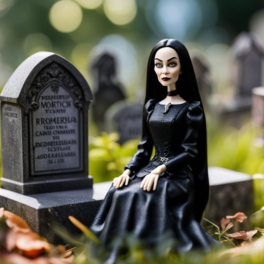 tiny plastic morticia adams action figure doll sitting on a headstone in a cemetery dollhouse in the background