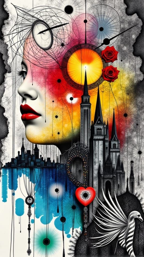 Gothic Woman with Wings in Surreal Collage