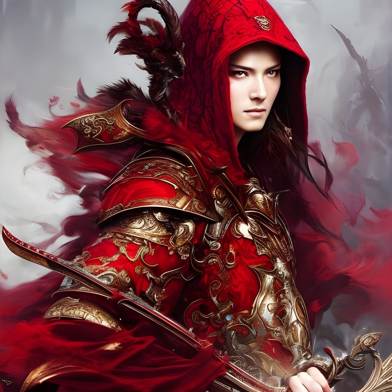 Red Hooded Warrior Woman with Bloody Blade