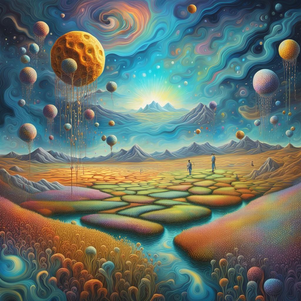 Cosmic Field of Dreams: Surreal Mixed Media Art