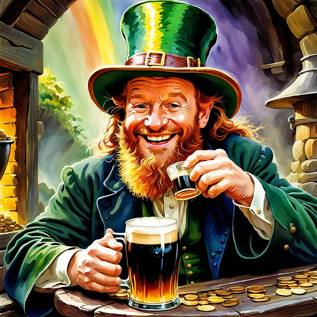 Leprechaun Celebrates with Gold in Watercolor Art