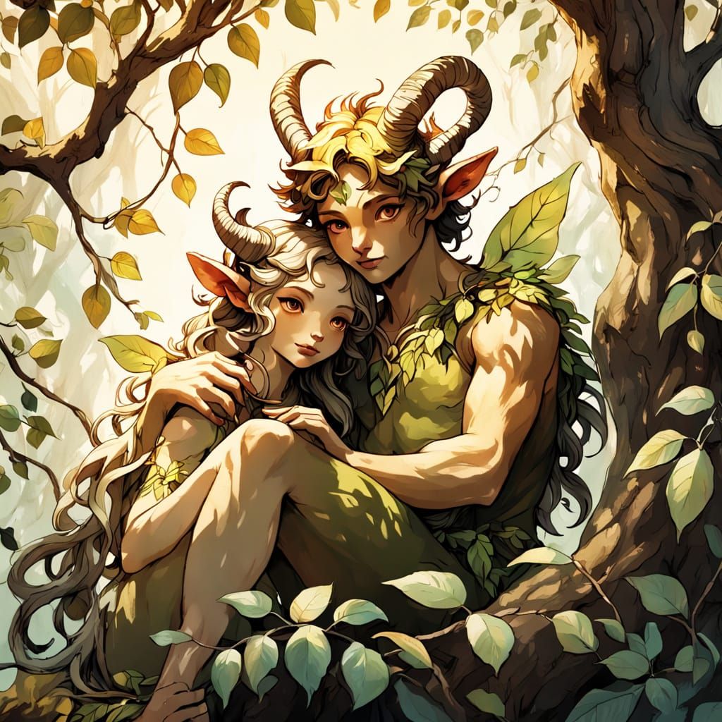 Mythological Satyr and Nymph in Whimsical Tree Scene