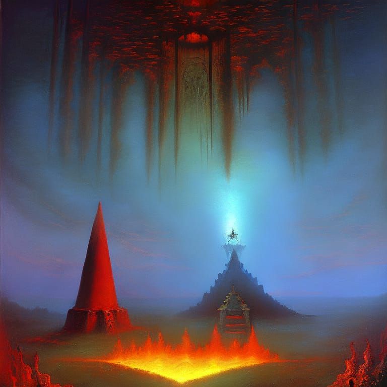 Fiery Occult Ritual in a Surreal Ruin